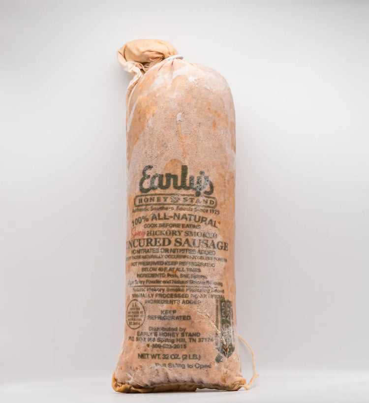 Hickory Smoked Nitrate Free Country Sausage in a easy open cloth poke 100% all natural Spicy