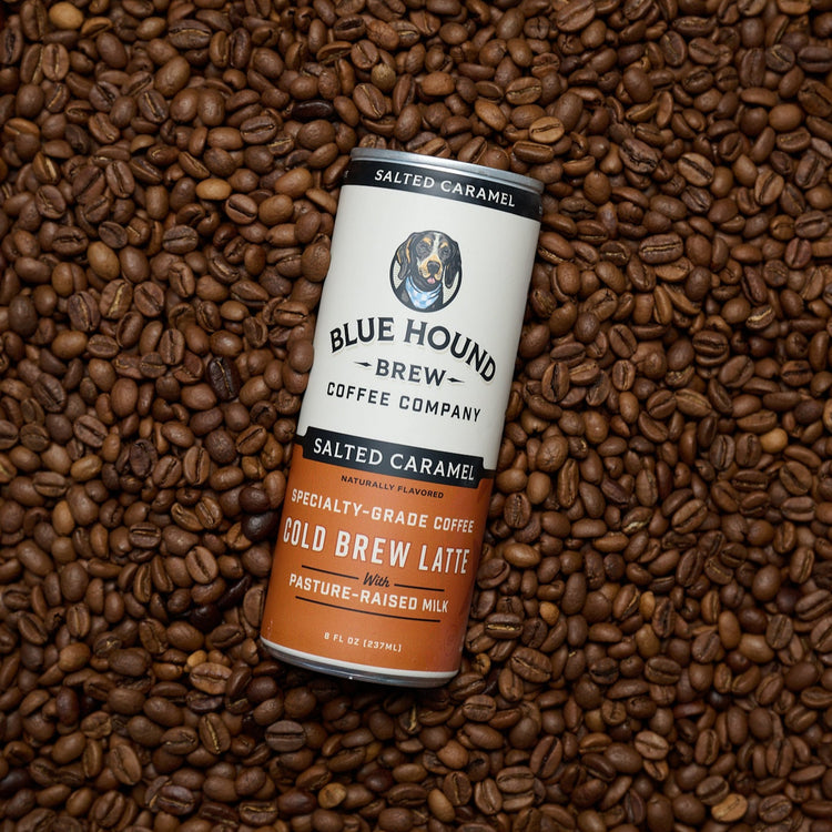 Blue Hound Coffee Company can on a bed of coffee beans