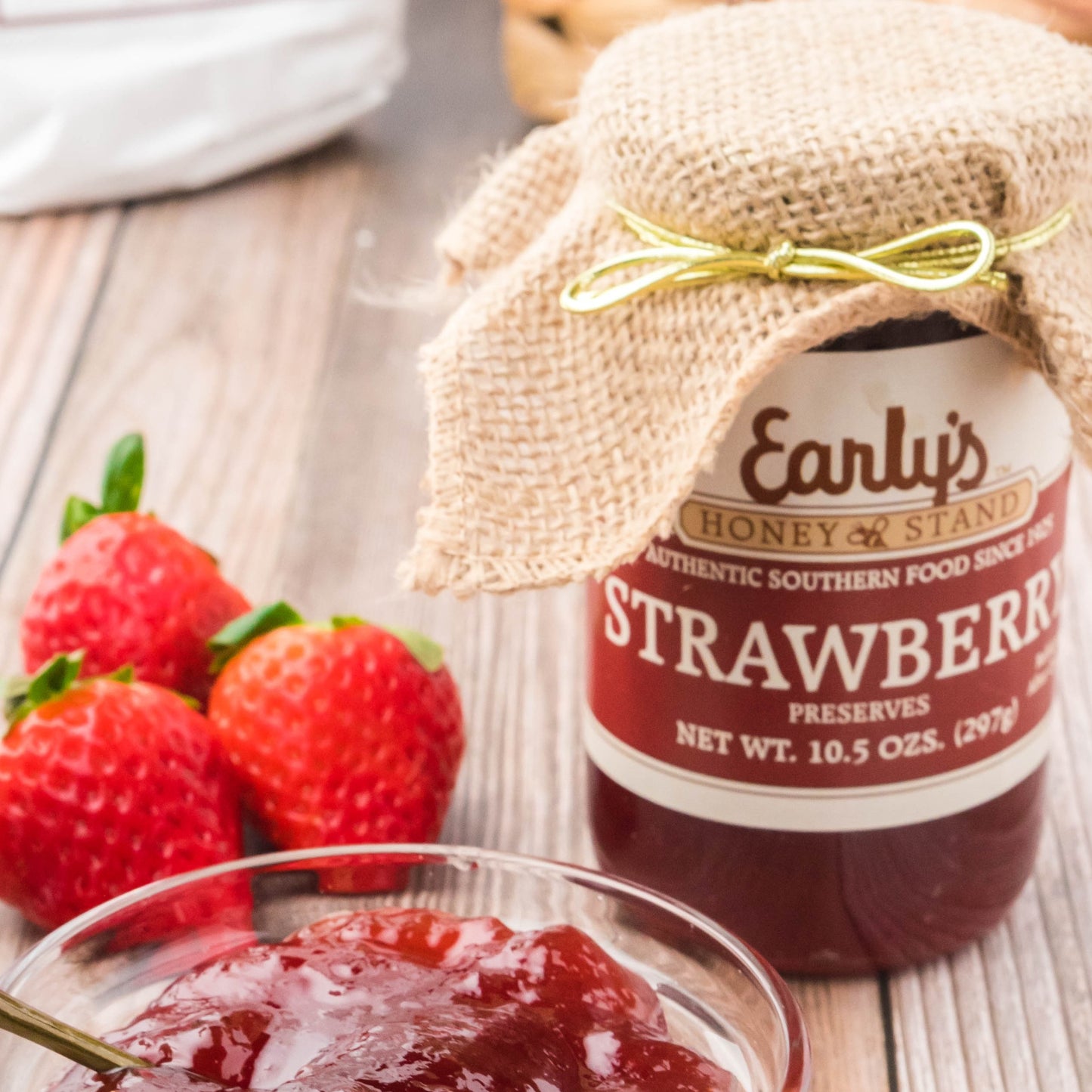 Strawberry Preserves, 10.5 oz jar with burlap topper. Southern favorite biscuit topper, sweet sothern nostalgia served for breakfast
