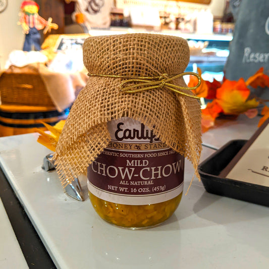 Mild Chow Chow, condiment, tangy, sweet, locally-sourced, tomatoes, onions, cabbage, peppers, sugar, vinegar, spices, salt, healthy, all-natural, topping, side dish, sandwiches, potato salad, macaroni and cheese, deviled eggs, flavor, pantry, delicious