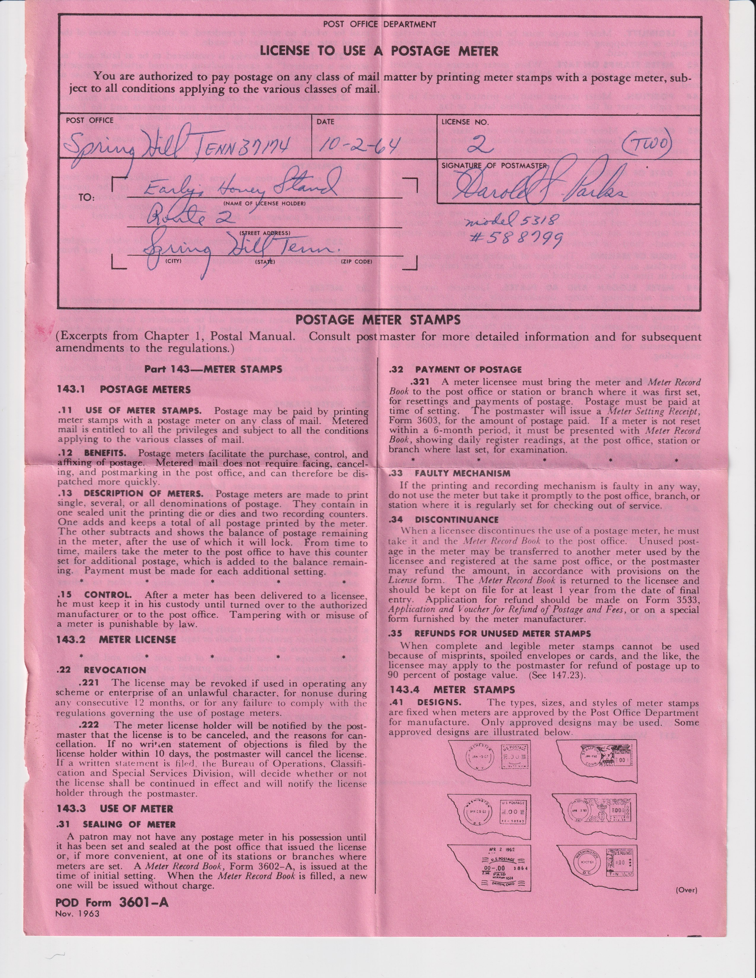 License to Use A Postage Meter - 1964