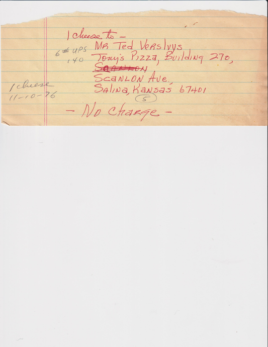 Order Written by Erskine, For Original Tony's Pizza - 1976