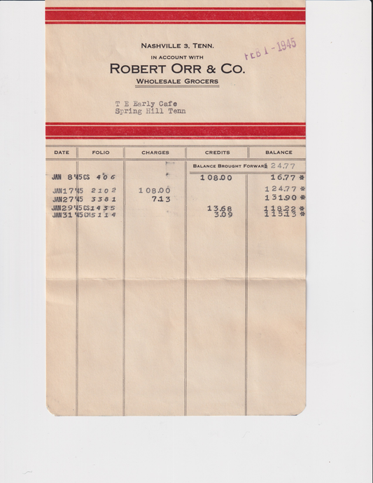 Bill From Robert Orr & Co. Wholesale Grocers, Nashville TN - 1945