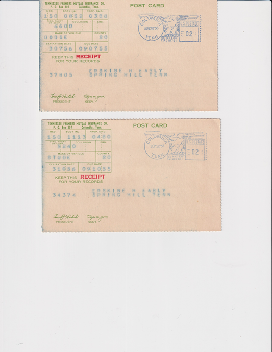 Receipts for Erskine's Vehicle Insurance from Tennessee Farmer's Mutual - 1955