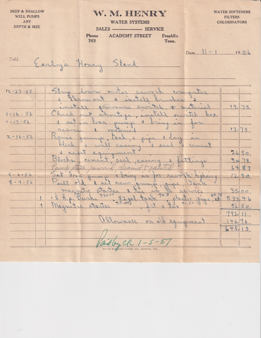 Water Systems Invoice For Early's Honey Stand - 1956