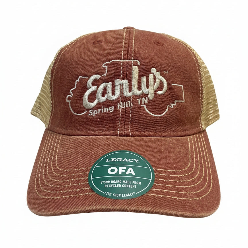 Rust colored trucker hat with truck outline -Says Early's Spring Hill, TN
