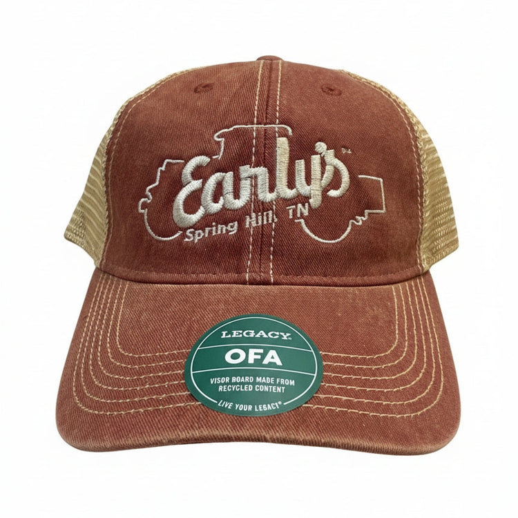 Rust colored trucker hat with truck outline -Says Early's Spring Hill, TN