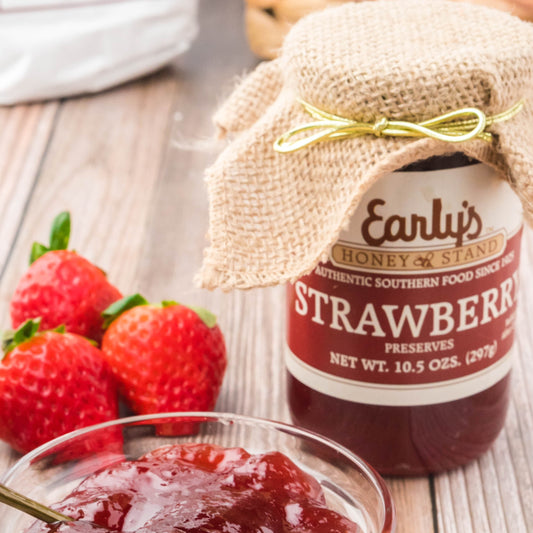 Strawberry Preserves, 10.5 oz jar with burlap topper. Southern favorite biscuit topper, sweet sothern nostalgia served  for breakfast